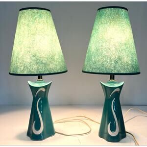 Vintage MCM Mid-Century Ceramic Table Lamps Set of 2 Matching Fiber Shades Pair